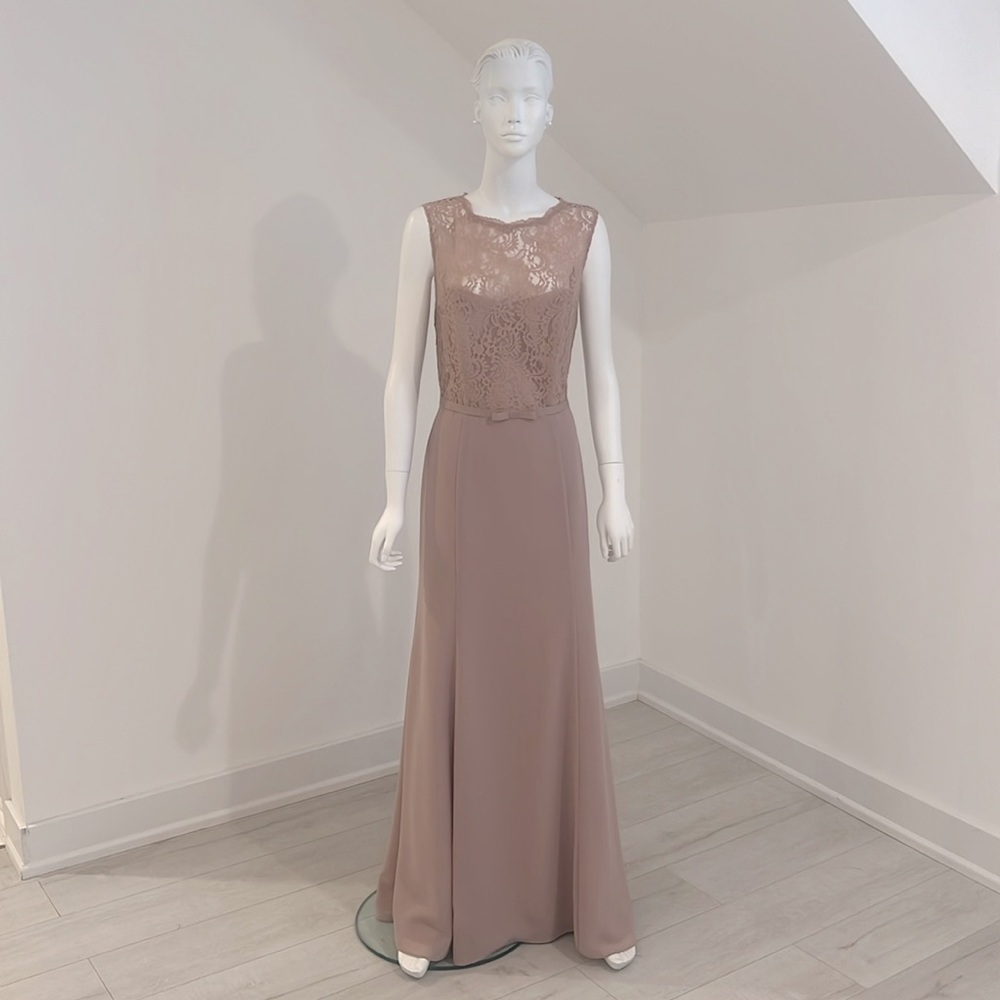 Sample Sale-NWT- Dessy- 2935-size 12-Topaz(dark beige) Georgette/Lace- Pristine.